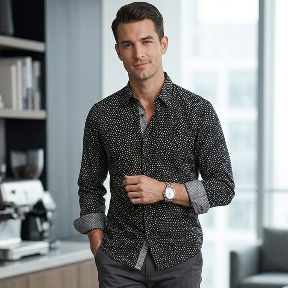 The Kooples Black and White Mini Hearts Pattern Shirt
